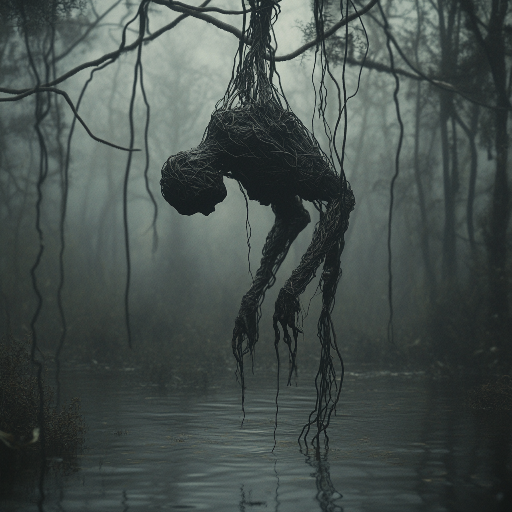 Twisted marionette monster hangs from cypress swamp branches.