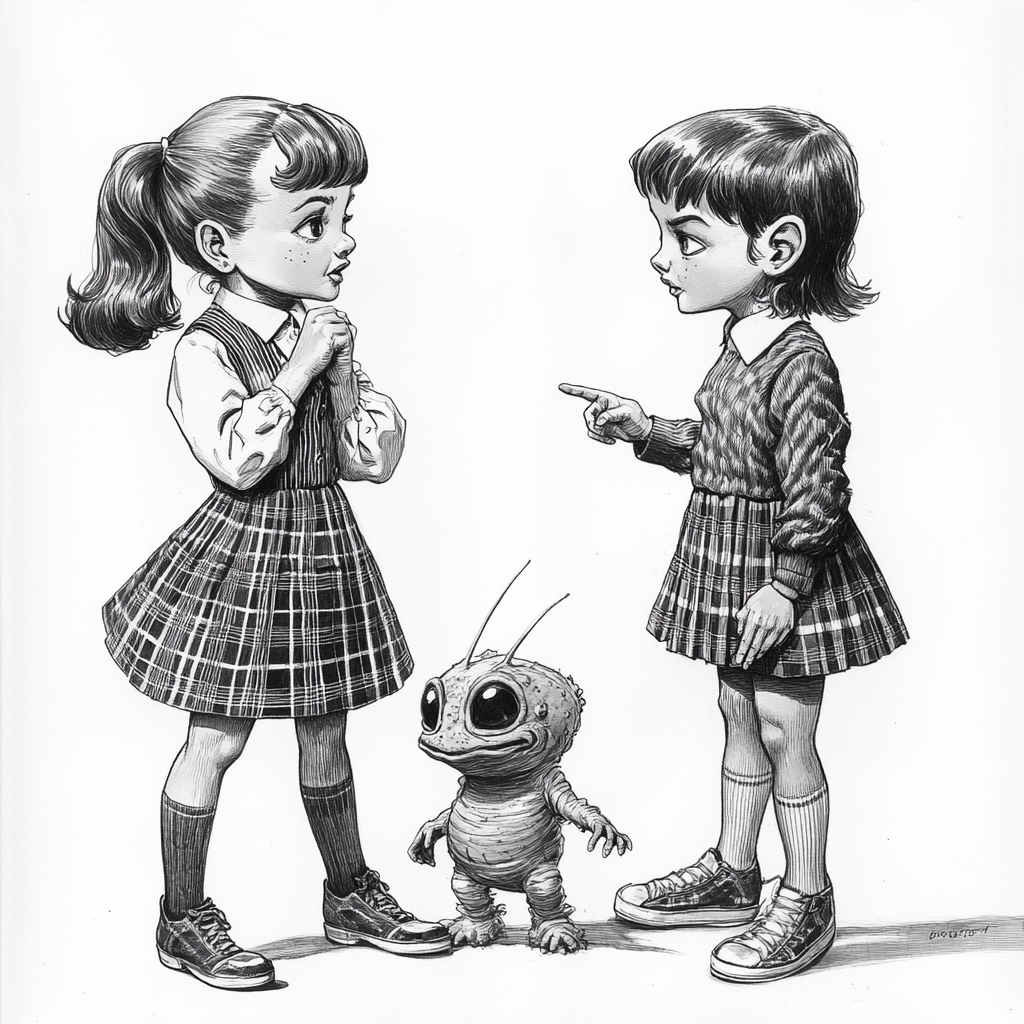 Two 1950s schoolgirls giggle at cute alien