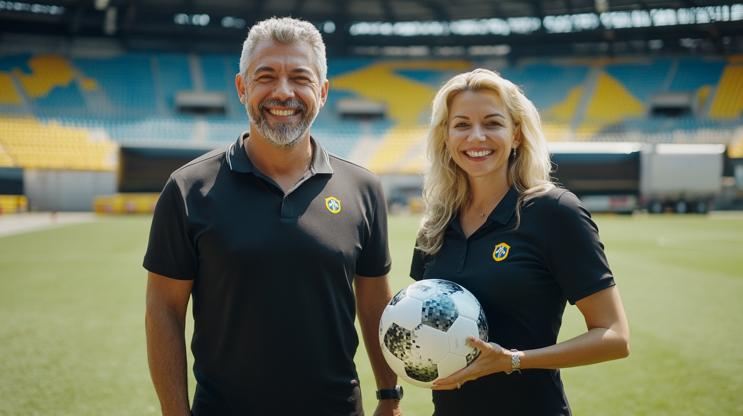 Two 50-year-old people smiling at camera in stadium.