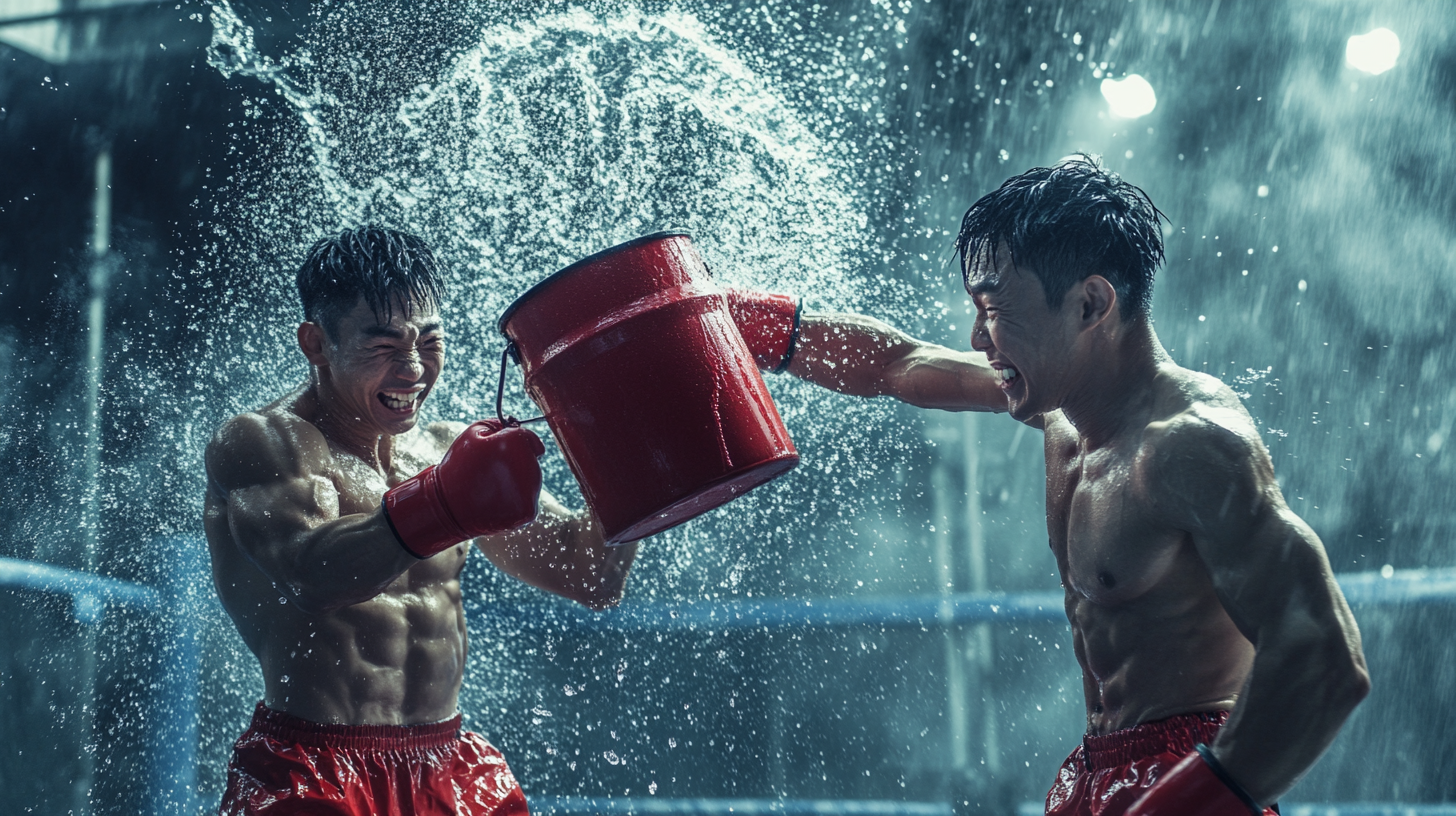 Two Asian boxers, one throwing bucket at other.