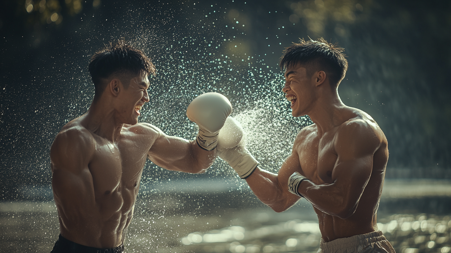 Two Asian boxers in fighting stance, throwing bucket.