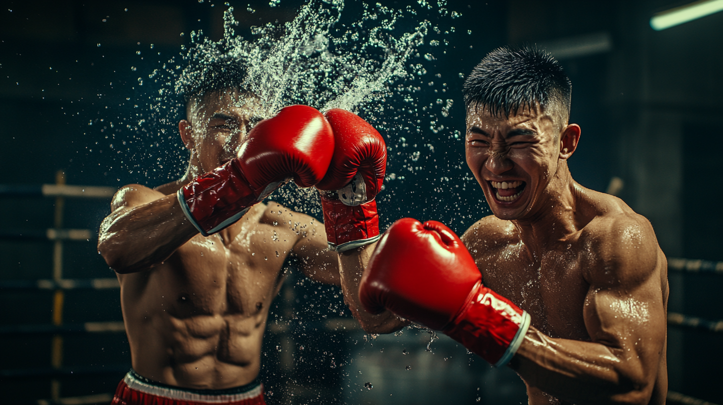 Two Asian boxers in red gloves playing happily.