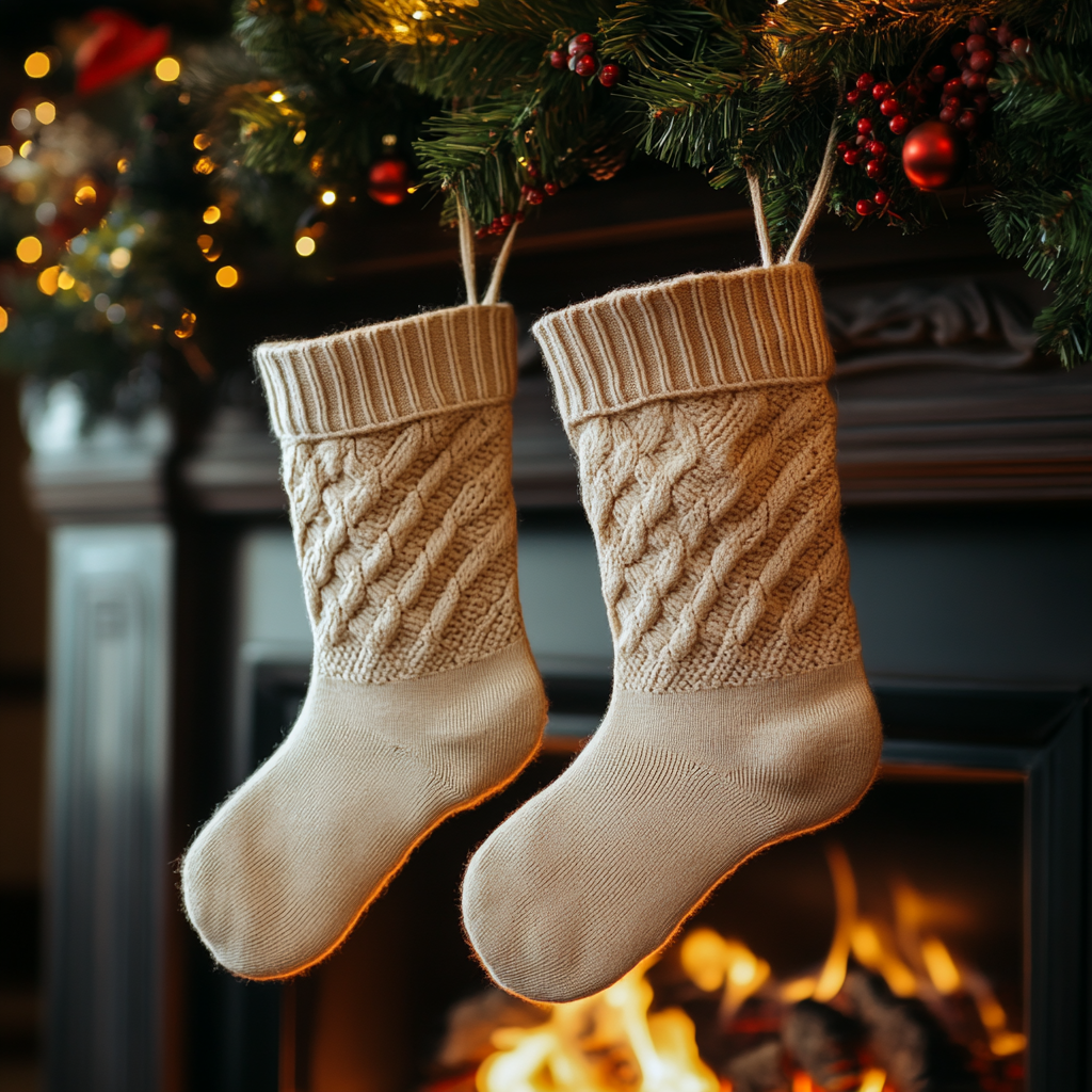 Two Beige Christmas Socks on Fireplace Mantel