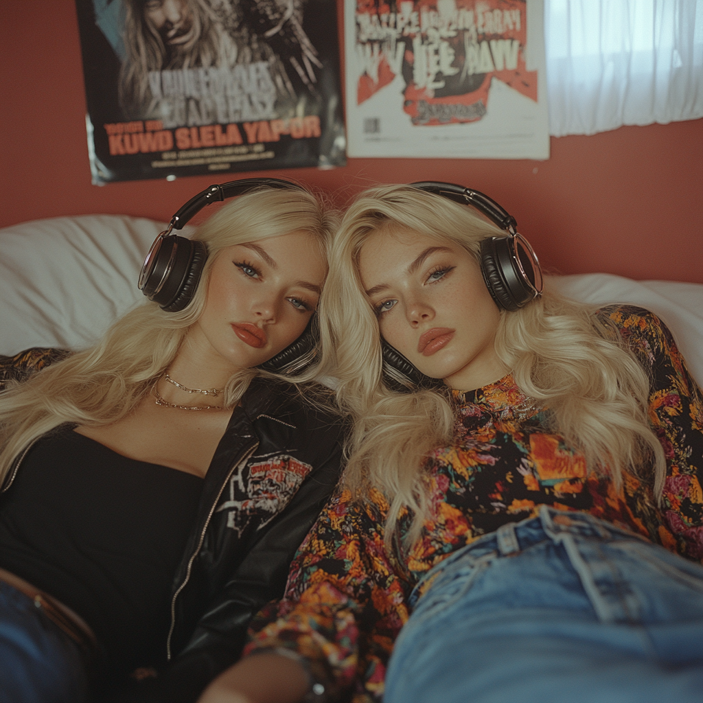 Two Blonde Women Enjoying Music in Bed