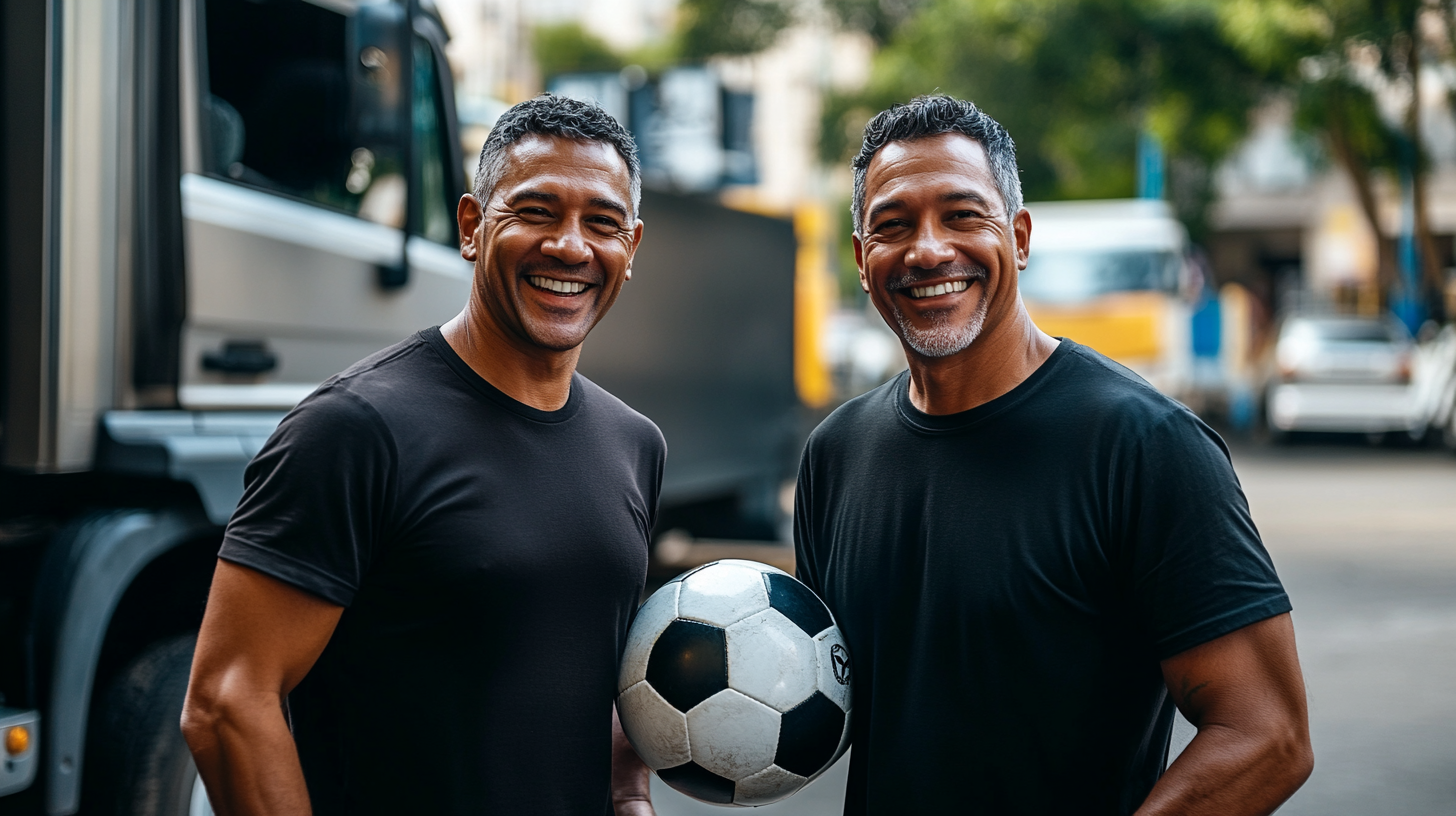 Two Brazilian men playing soccer in city parking.