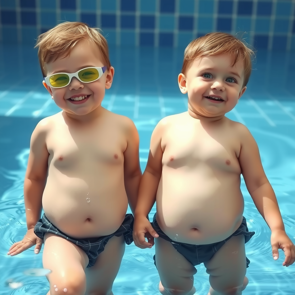 Two Brothers Playing in the Pool with Big Bellies