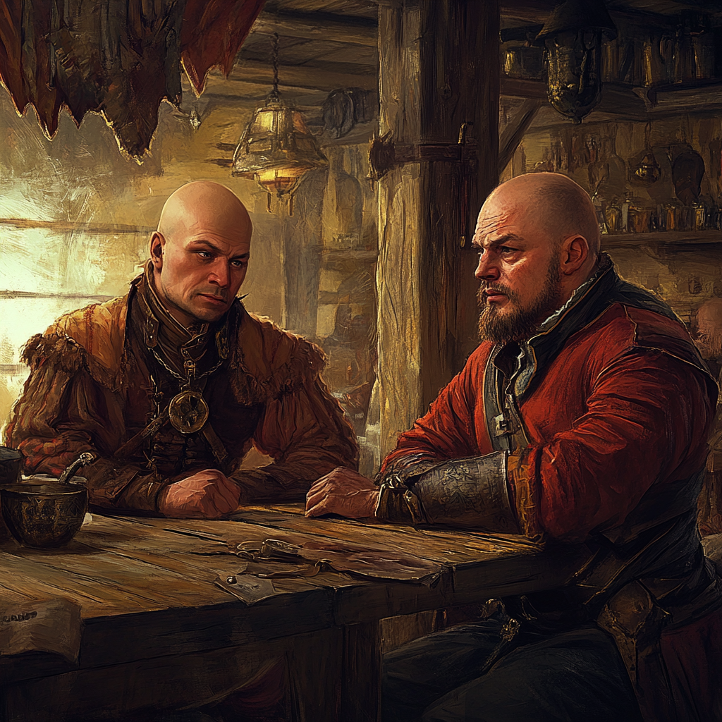 Two Cossacks in 17th Century tavern sit chatting.