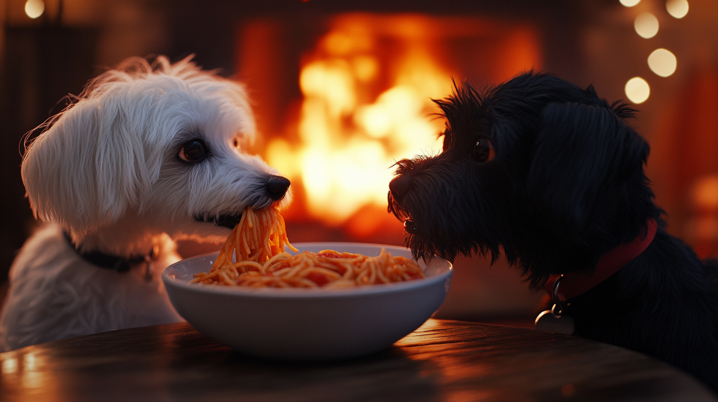 Two Dogs Eating Spaghetti in a Cozy Room