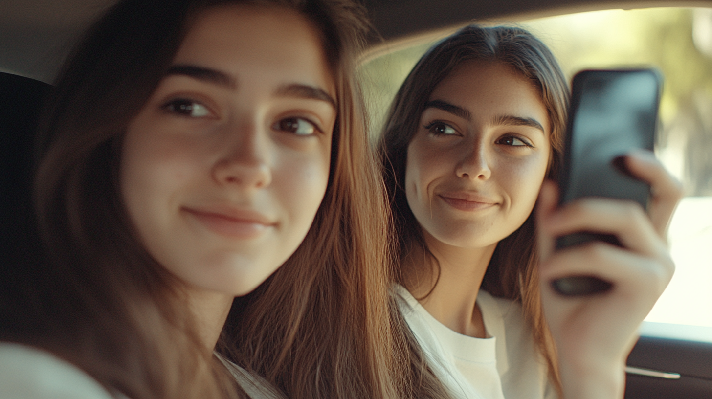 Two Girls Heading to College in Car Selfie