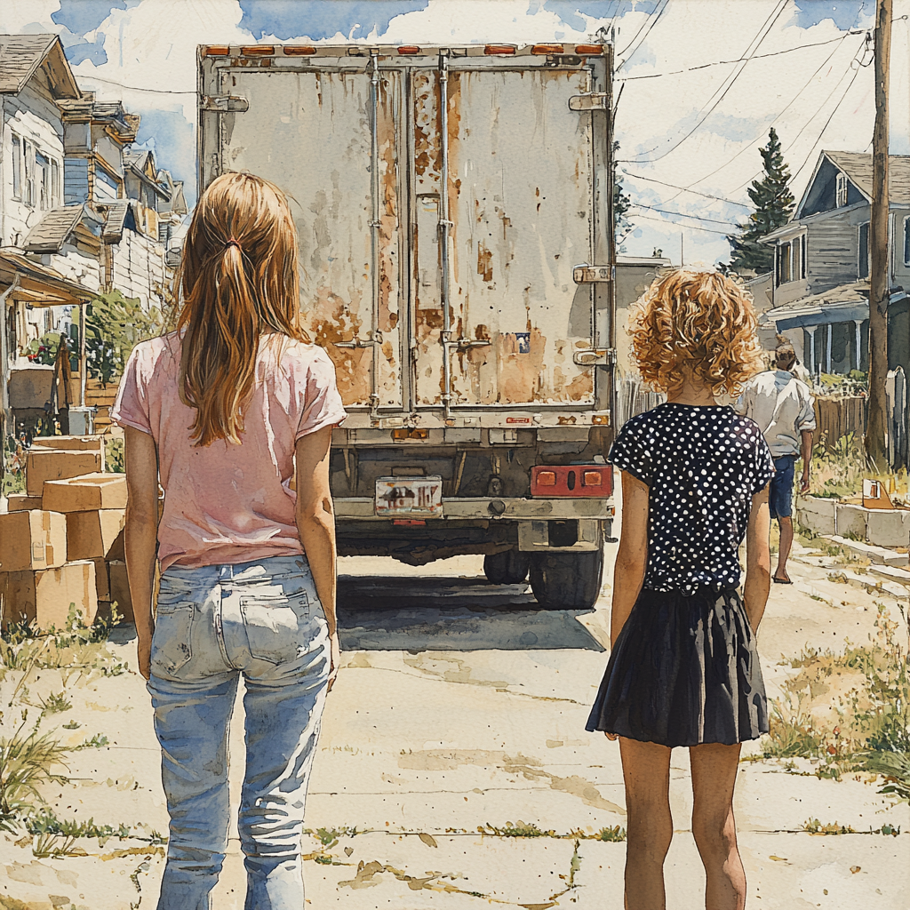 Two Girls Watching Men Move Boxes in Neighborhood