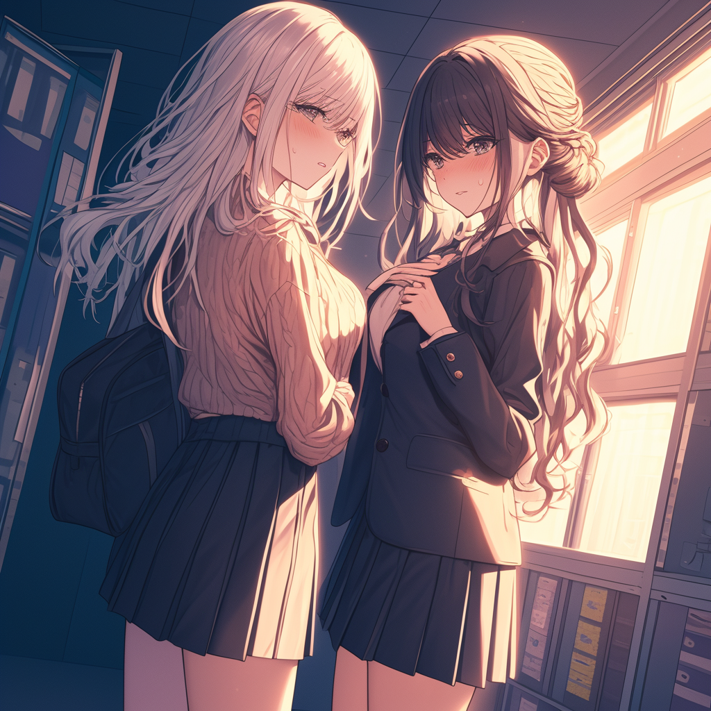 Two Girls in Hallway, Cinematic Manga Style, Detail