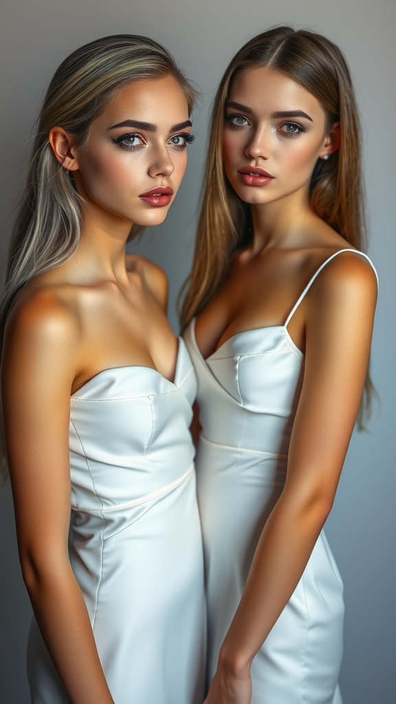 Two Girls in Stunning White Dresses with Candy Lips