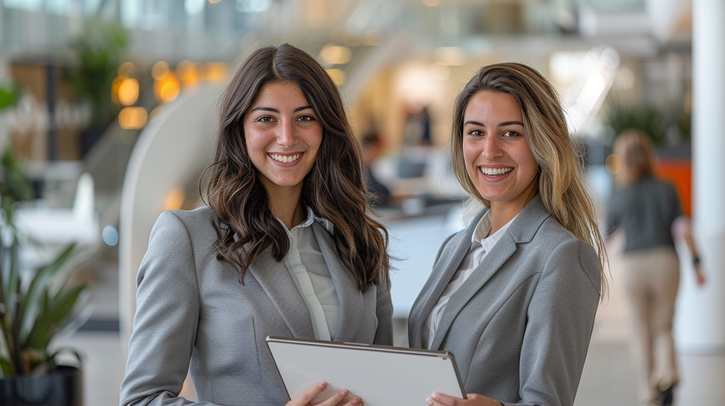 Two Happy Businesswomen Show iPad in Office Lobby