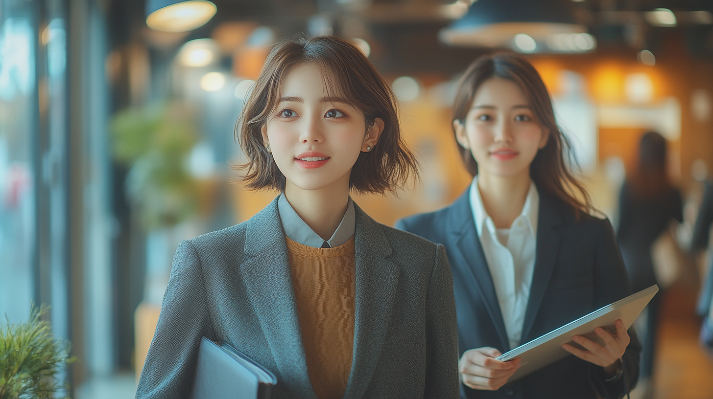 Two Japanese female students in suits walking in office.