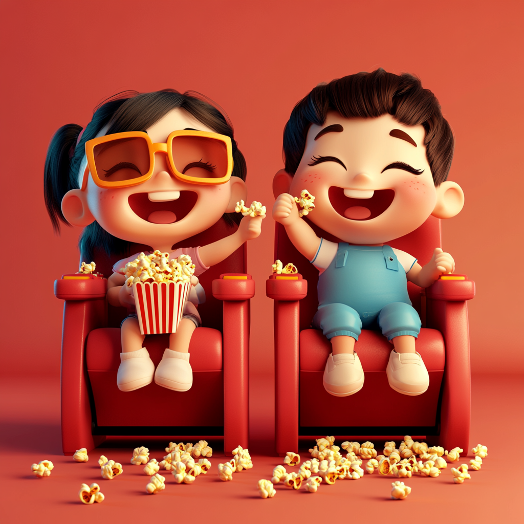 Two Kids Enjoying Movie with Popcorn in 3D