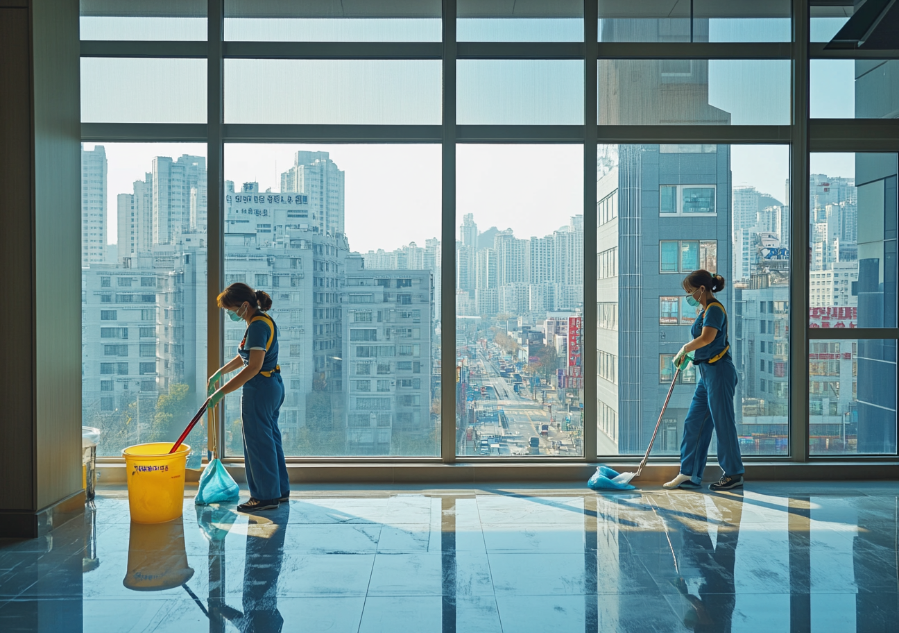 Two Korean women cleaning newly built apartment, wearing masks.