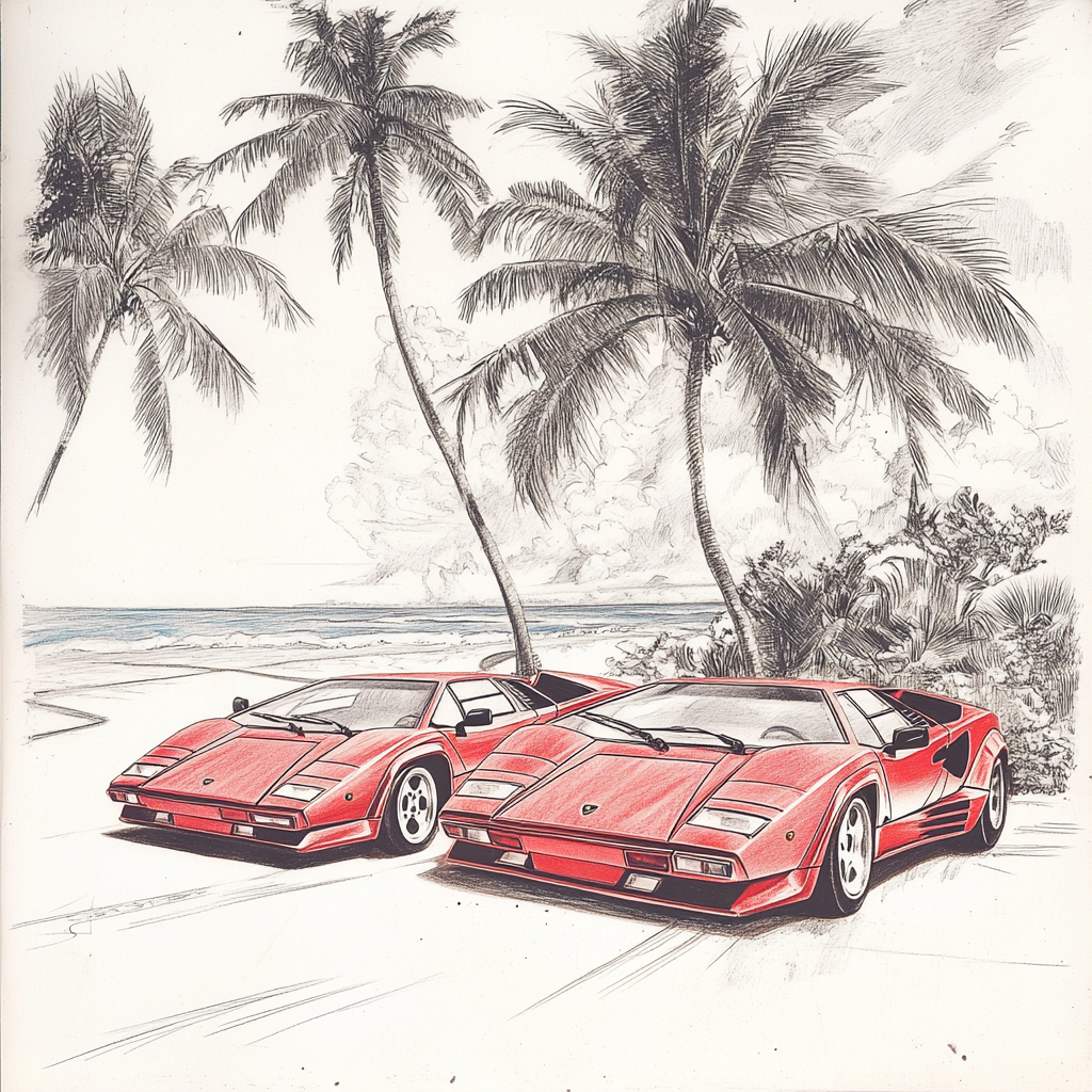 Two Lamborghinis Countach on beach-themed background.