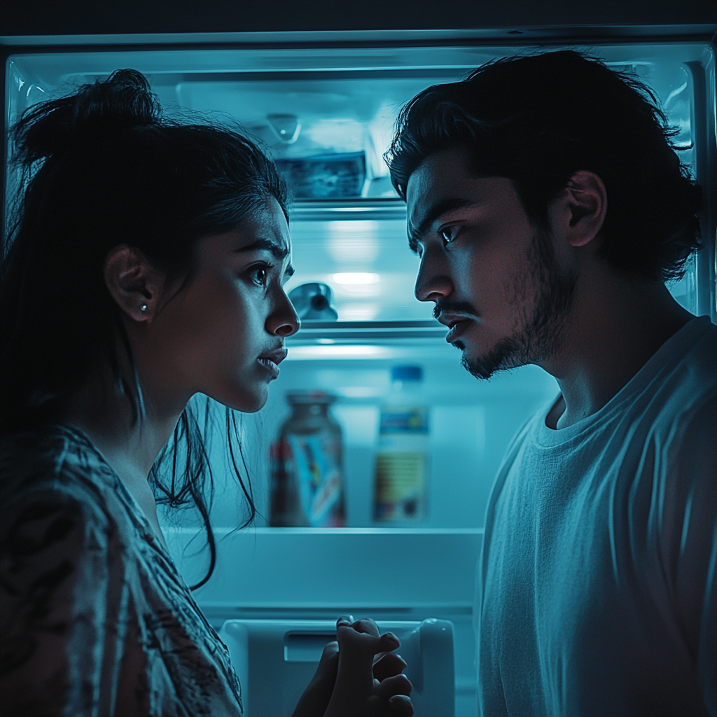 Two Latino friends suspiciously opening refrigerator, exchanging glances.