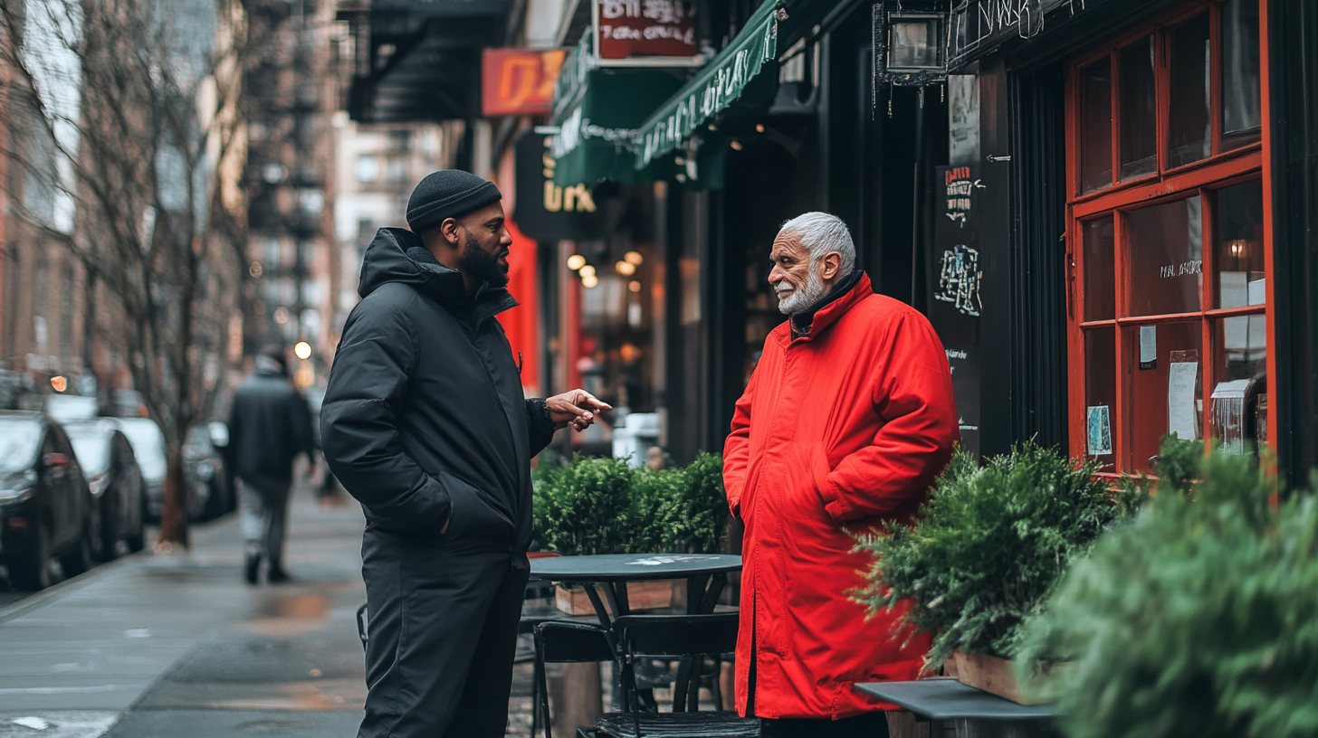 Two Men Talking in New York City Restaurant