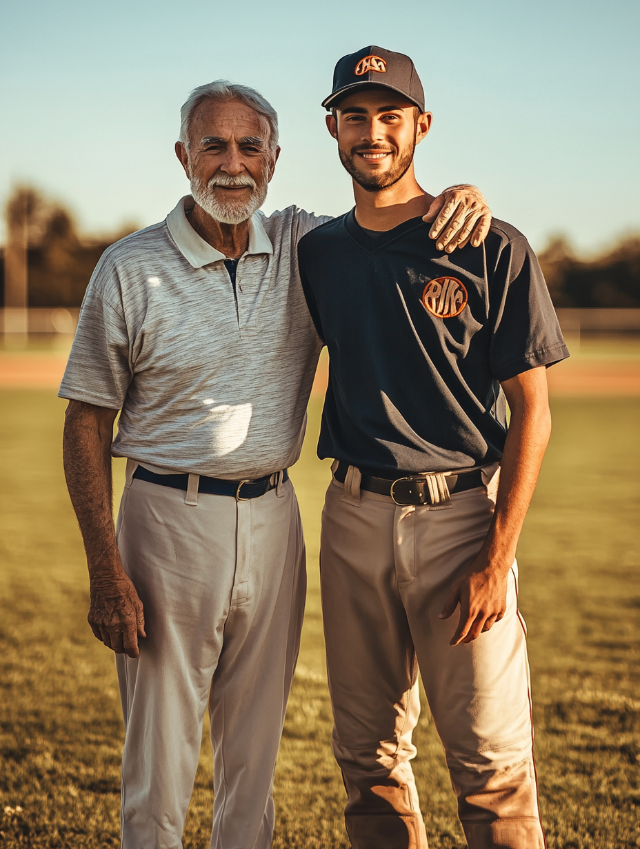 Two Men in Baseball Uniforms on Field