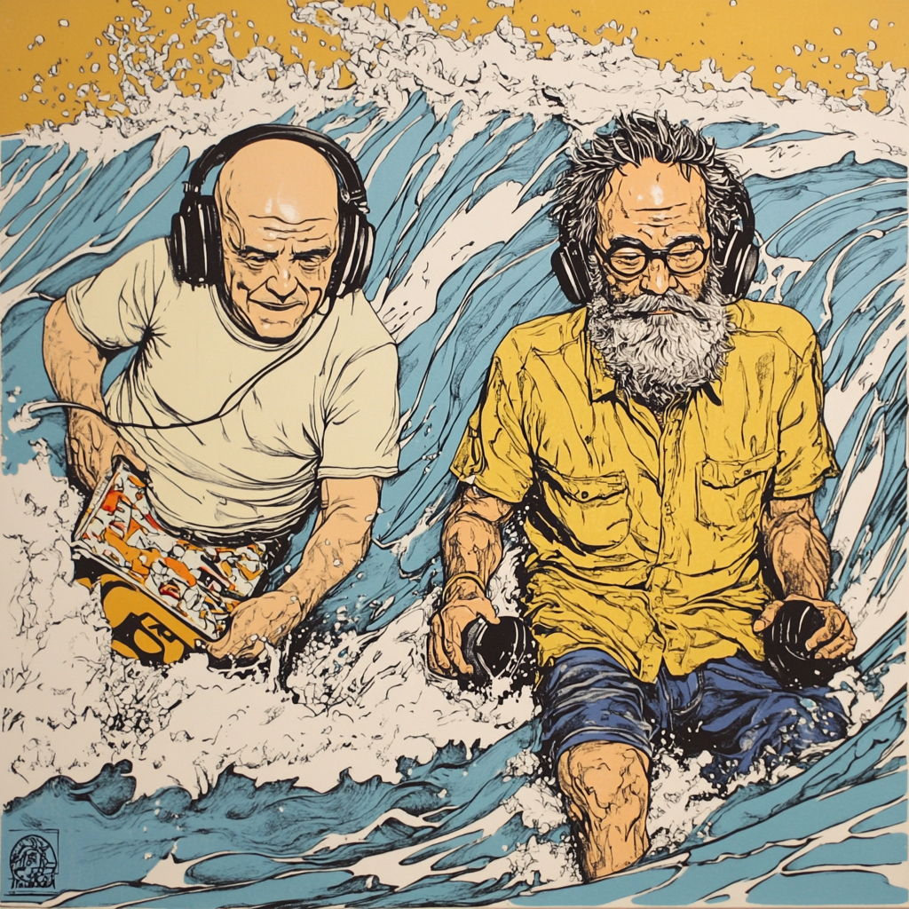 Two Older DJs Surfing Malibu Wave with Albums