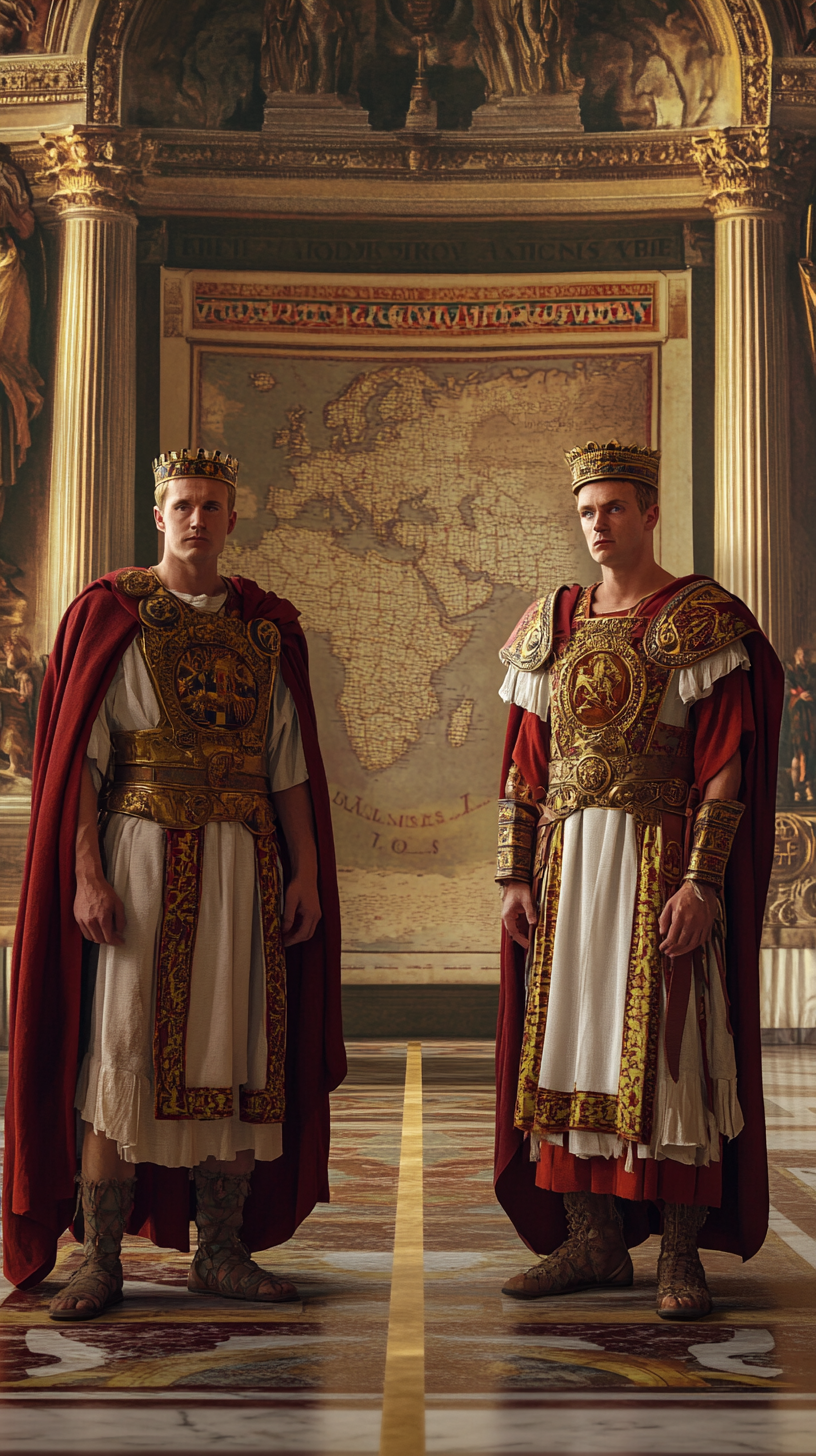 Two Roman emperors standing by a map, split-screen style.