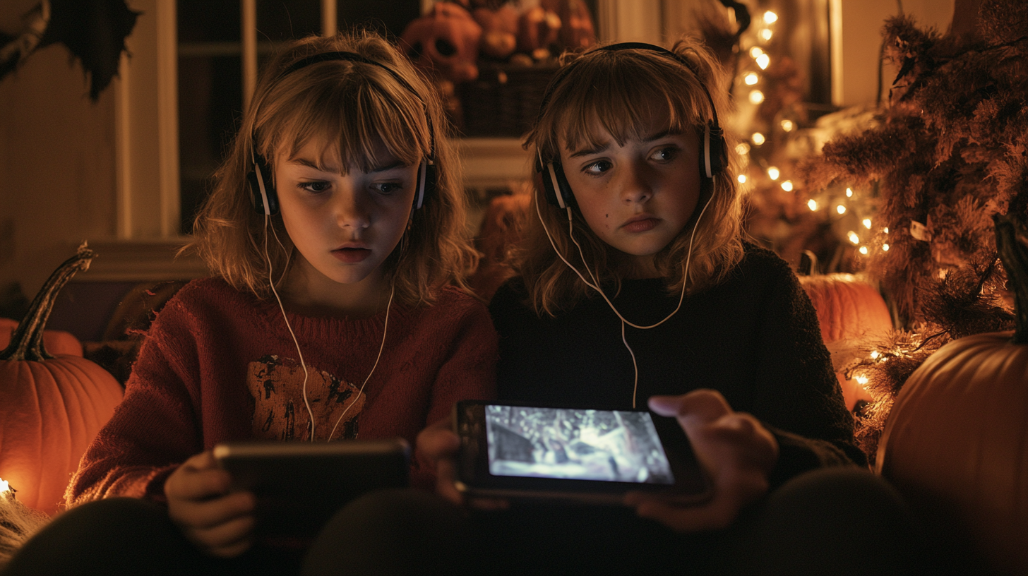 Two Sisters Listening to Scary Podcast