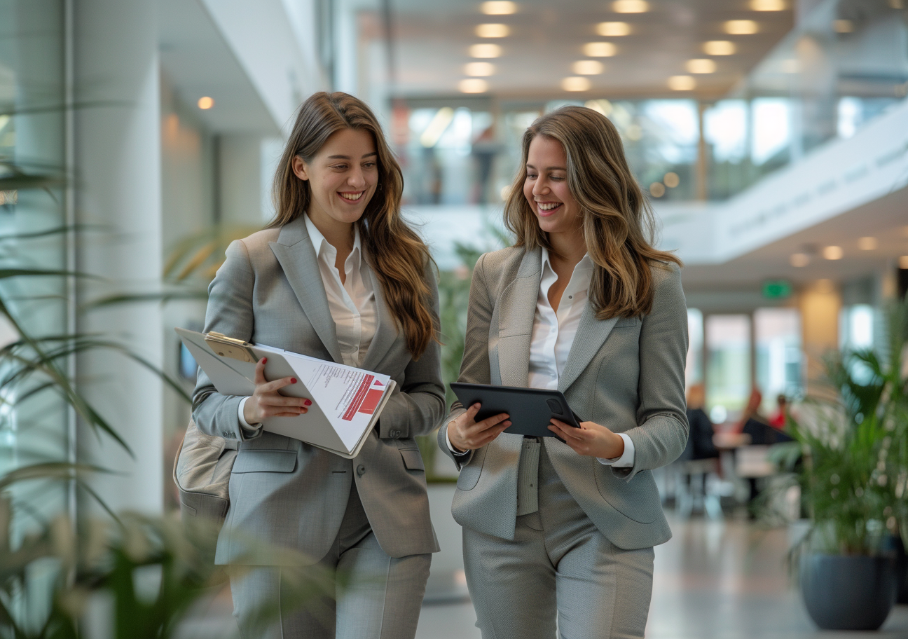 Two Smiling Business Women In Grey Suits Walking