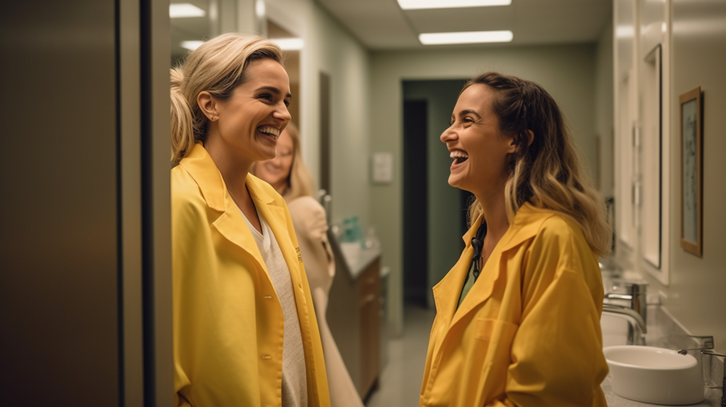 Two Smiling Women Surprised in Upscale Bathroom