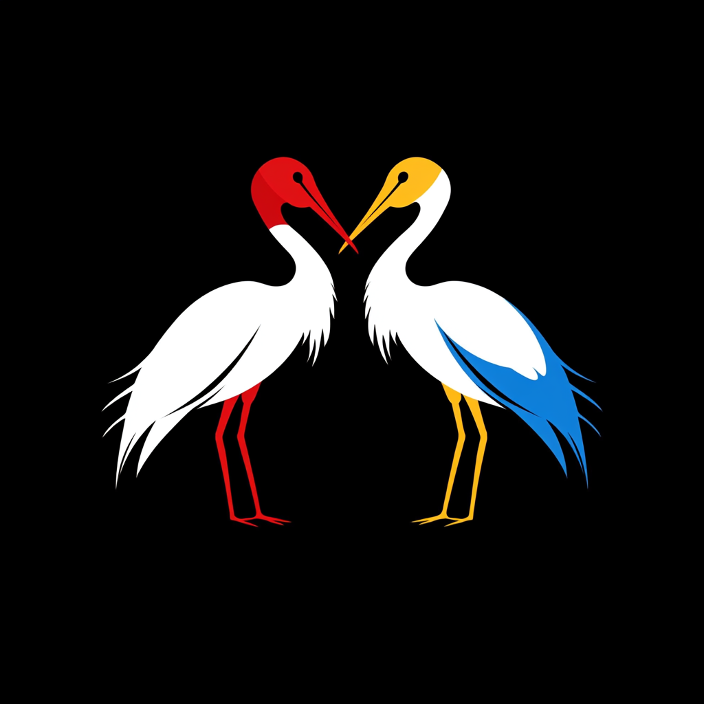 Two Storks in Symmetrical Logo with Bold Colors.