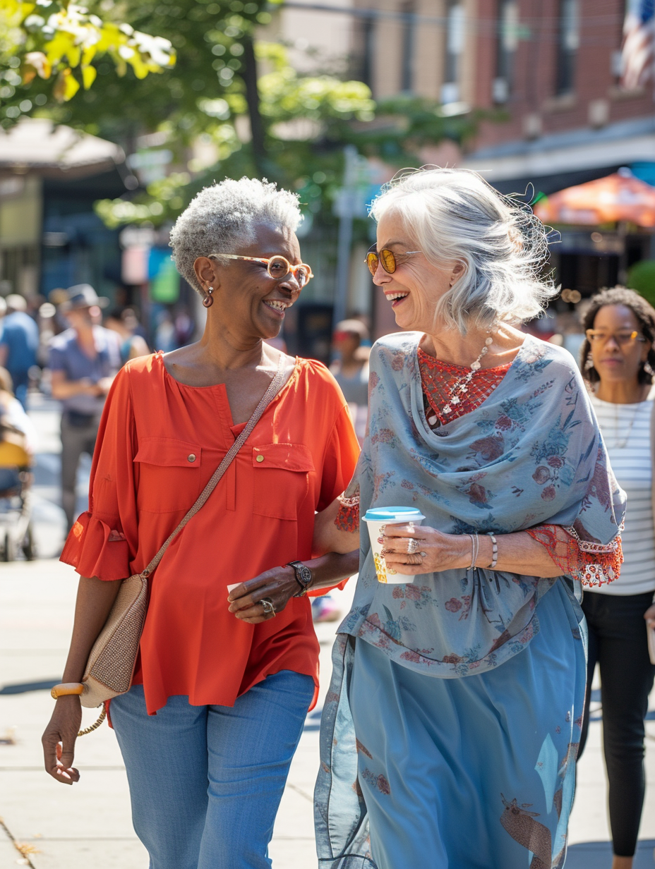 Two Stylish 70s Grandmothers Laughing Outside Cafe 