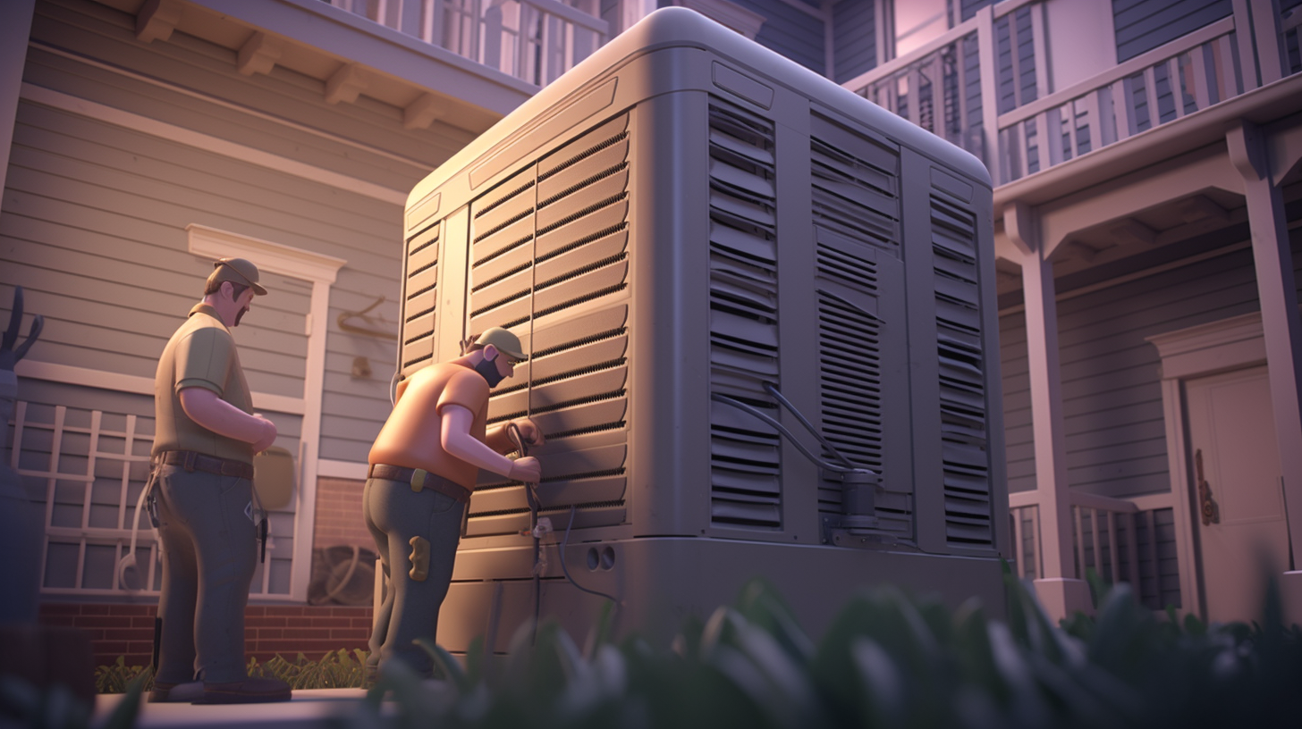 Two Technicians repairing an air conditioning unit.