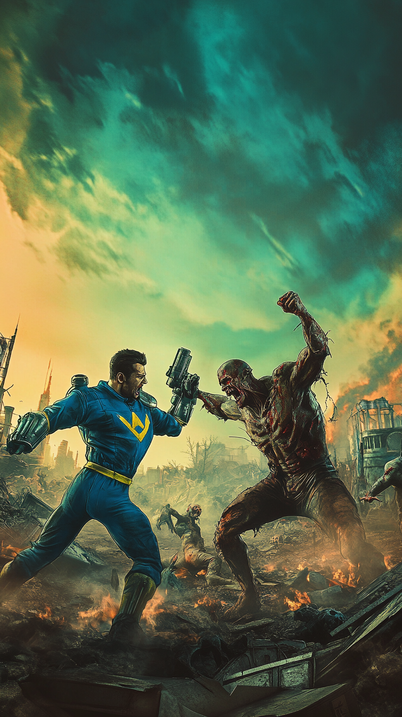 Two Vault-Dwellers Battling Zombies in Post-Apocalyptic City