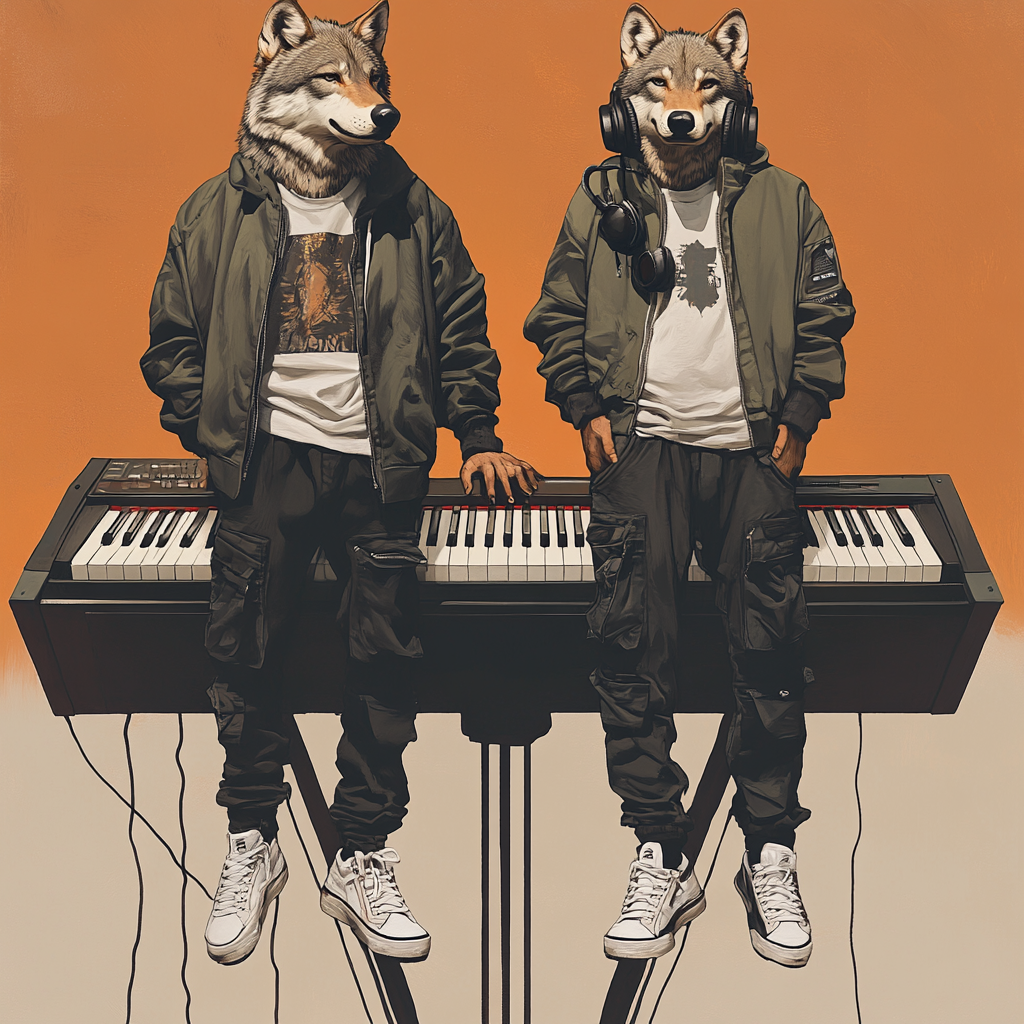 Two Wolves in Cool Outfits on Giant Piano Keys