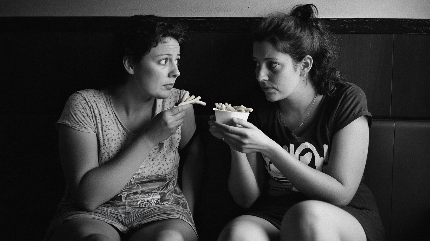 Two Women Sharing Fries in Empty Room