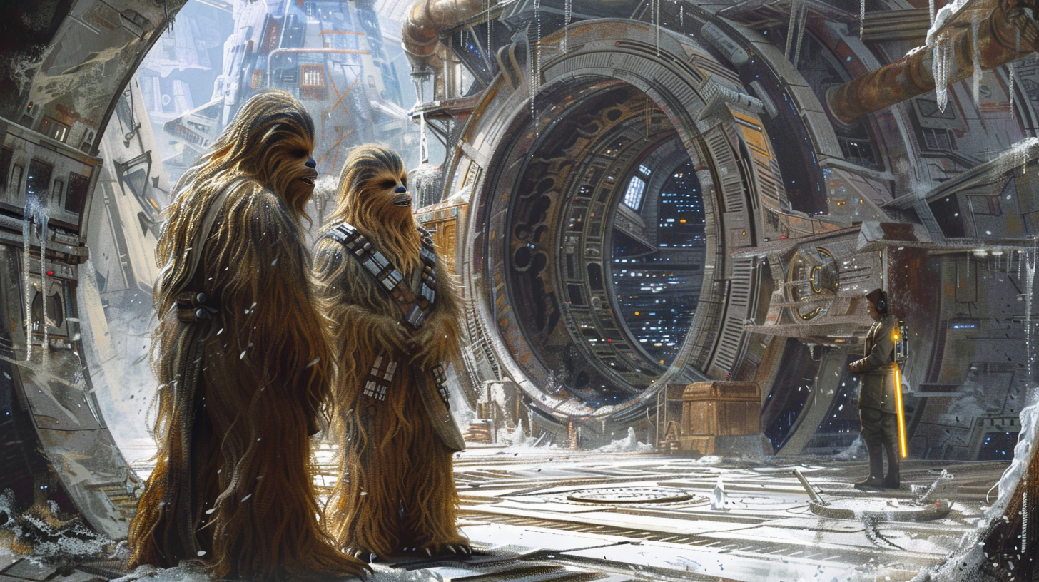 Two Wookiee Jedi Chatting at Spaceport in Panorama.