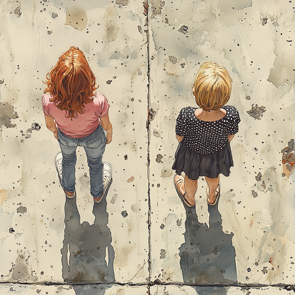 Two Young Girls Standing Outside in Watercolor