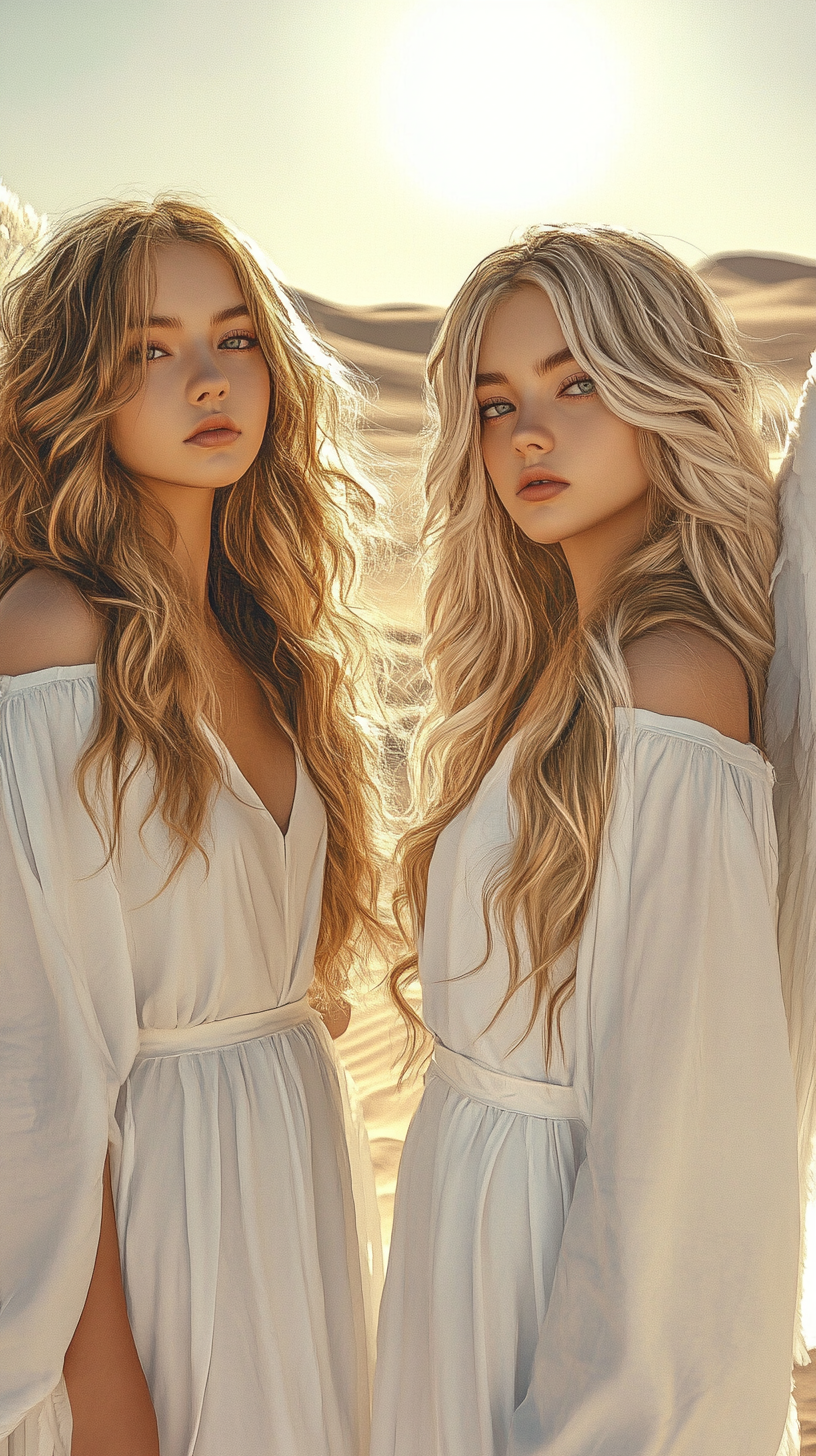 Two angel bad girls with white wings in desert.