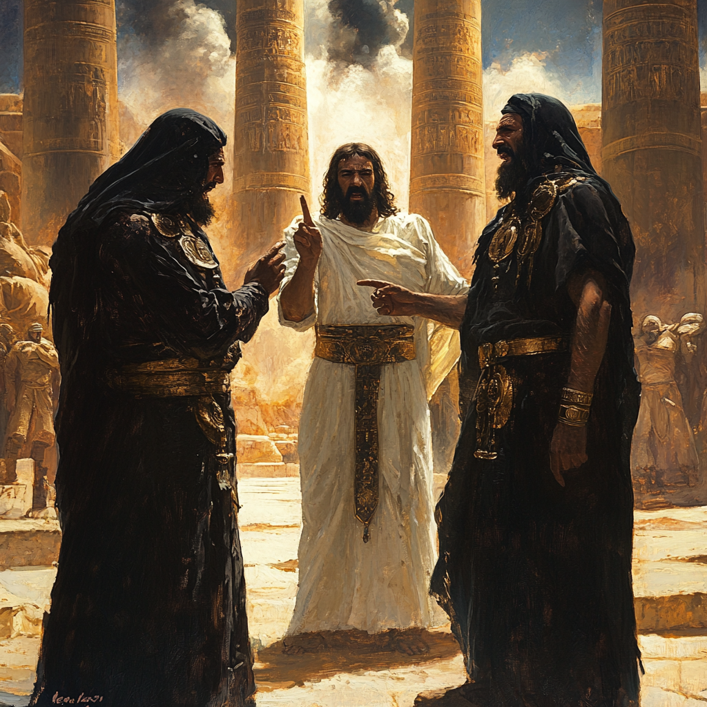 Two angry Pharisees accusing peaceful Jesus. Temple pillars.