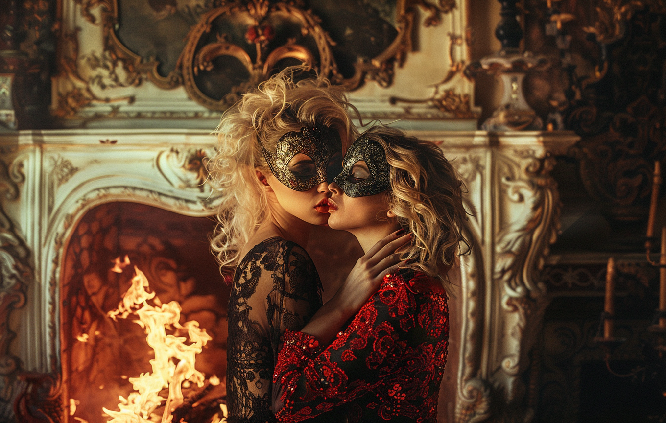 Two beautiful women in messy blond hair kiss.