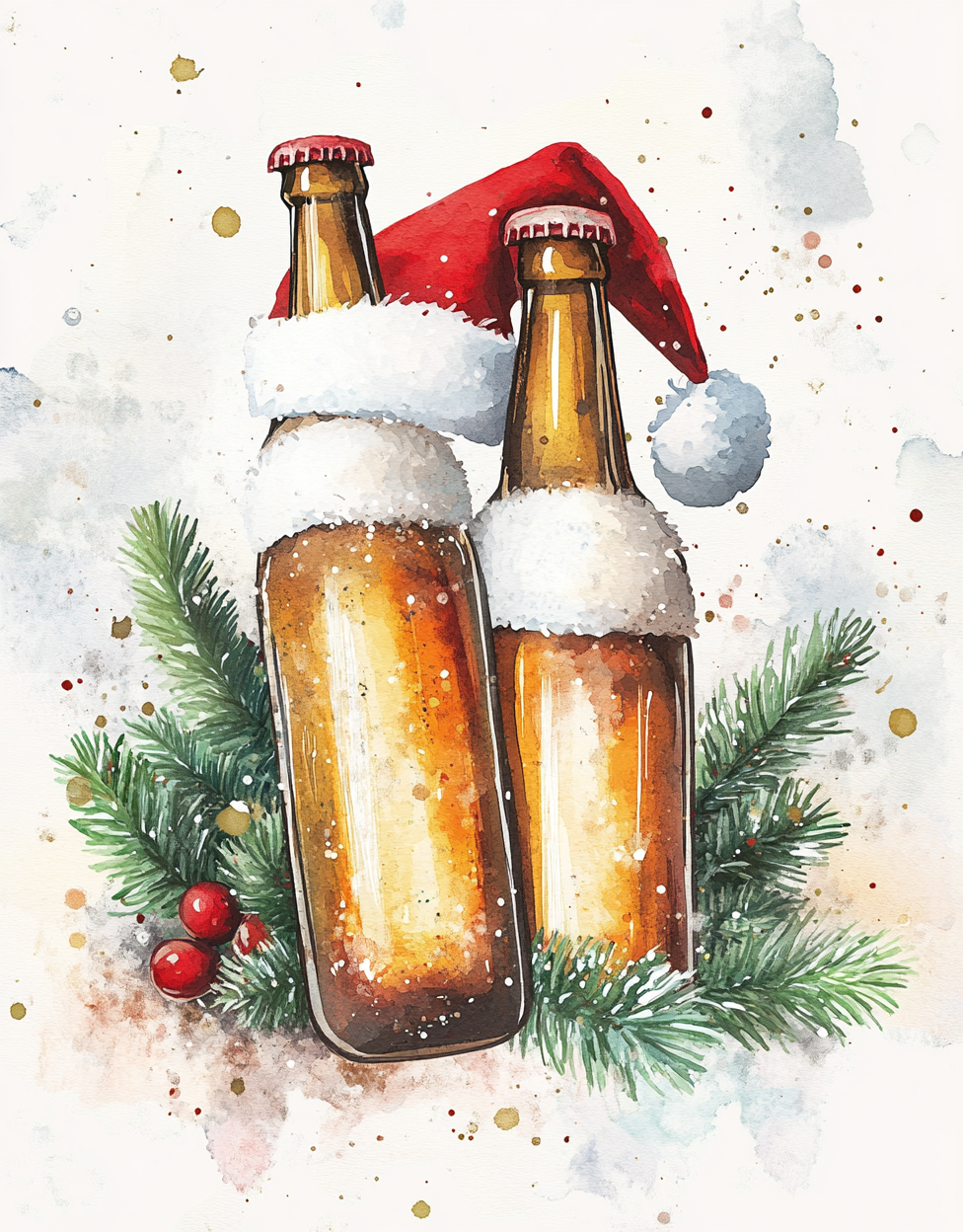 Two beer bottles in Santa hats clinking together