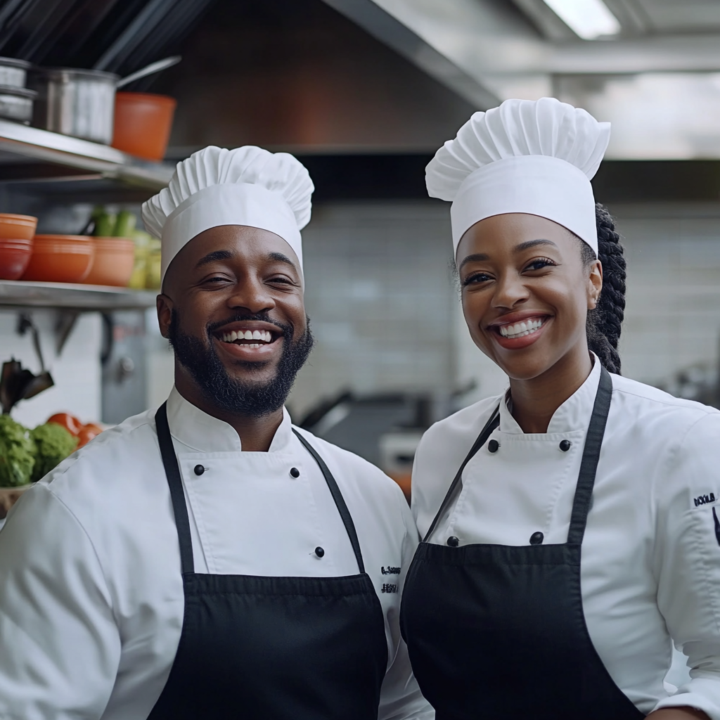 Two black American chefs smiling in kitchen, 4k.