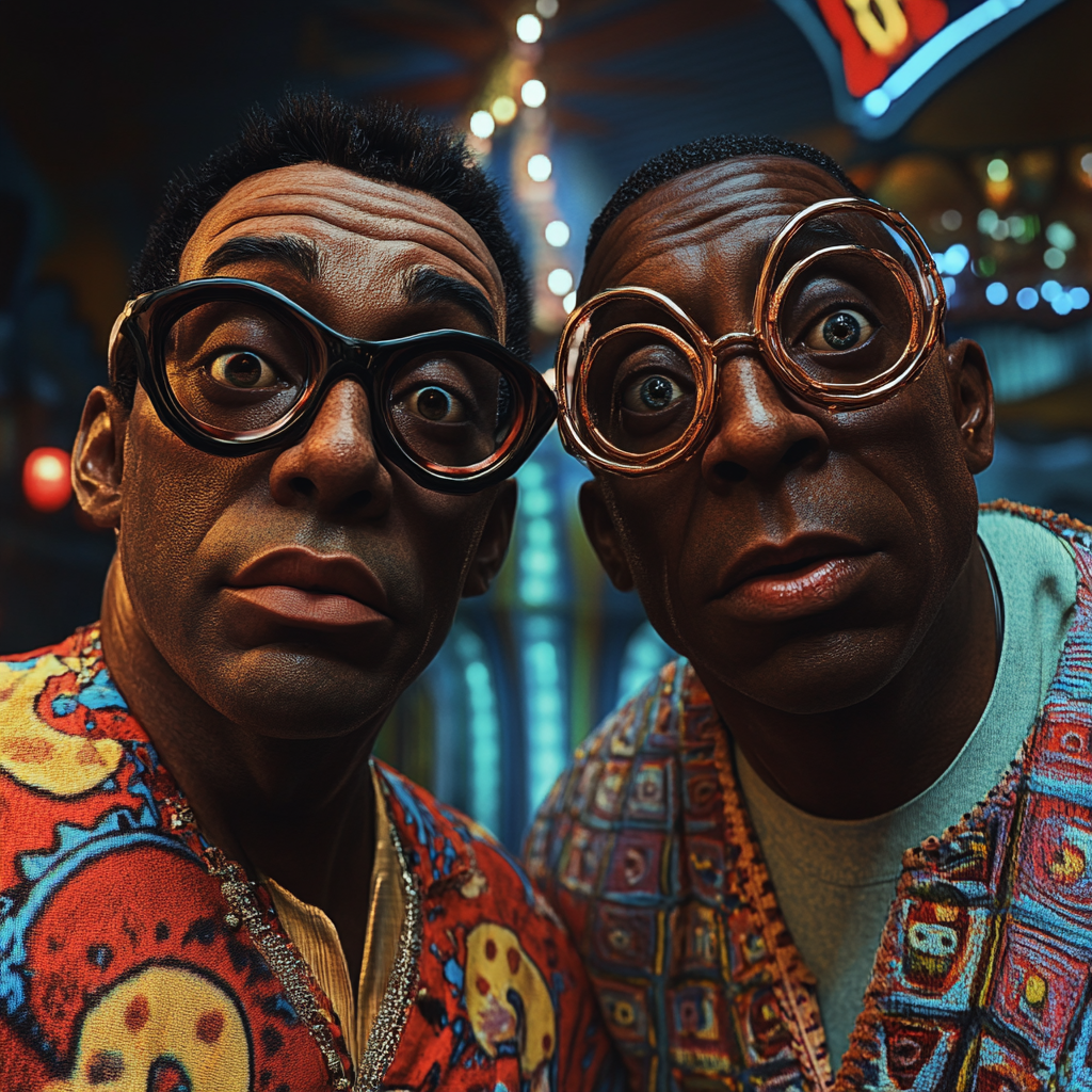 Two black men in glasses, one circus outfit.