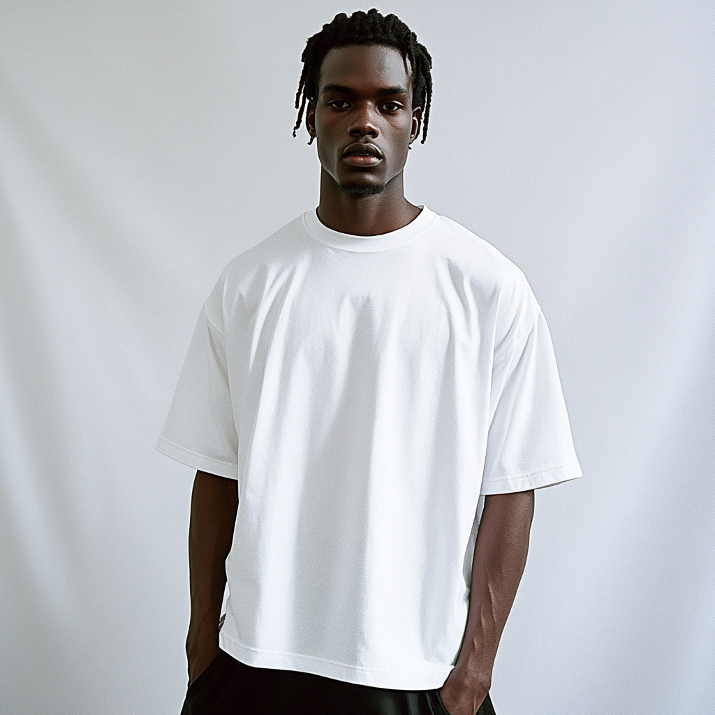 Two black model men wearing white t-shirts.