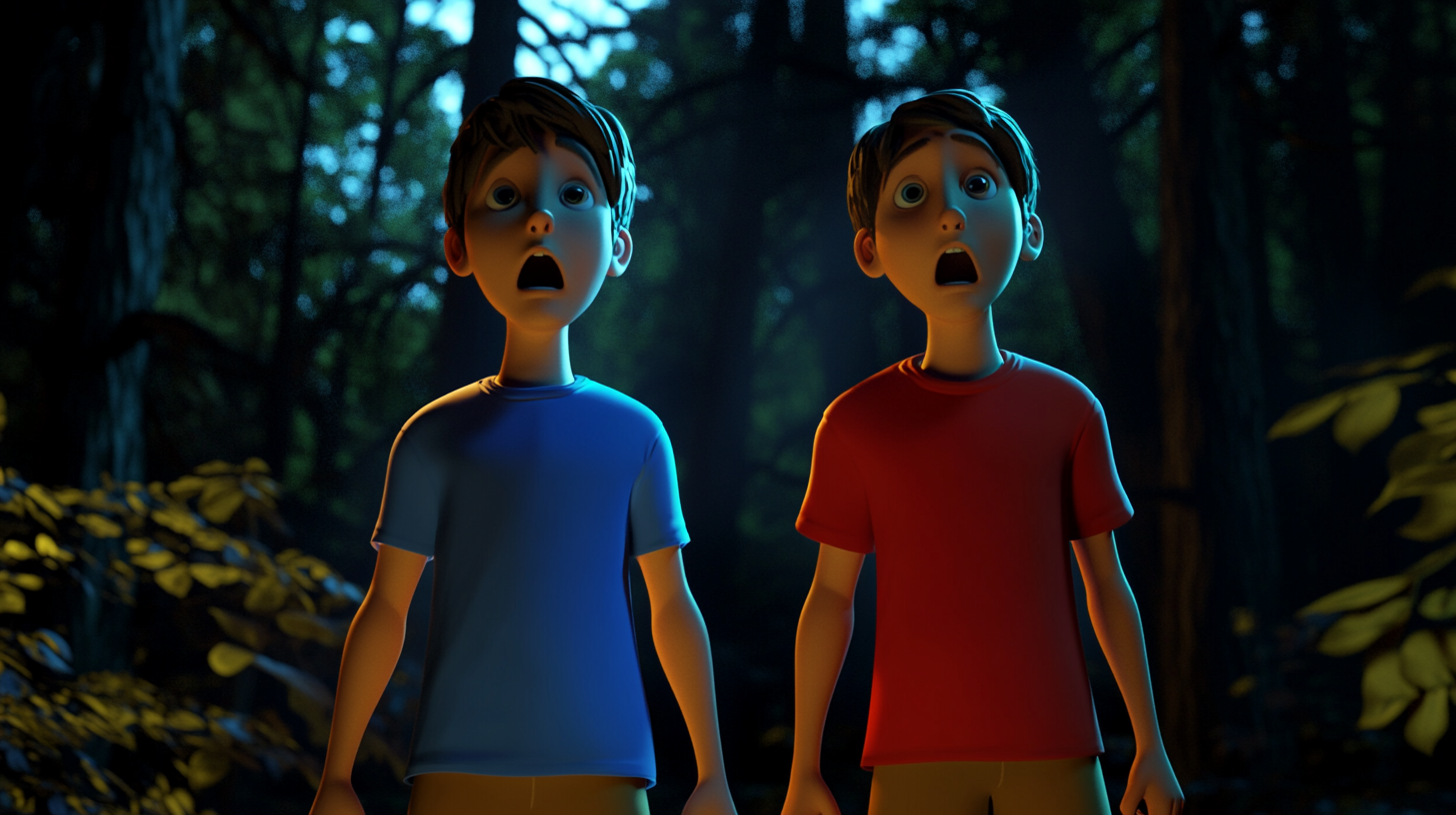 Two boys, one in blue, one in red.