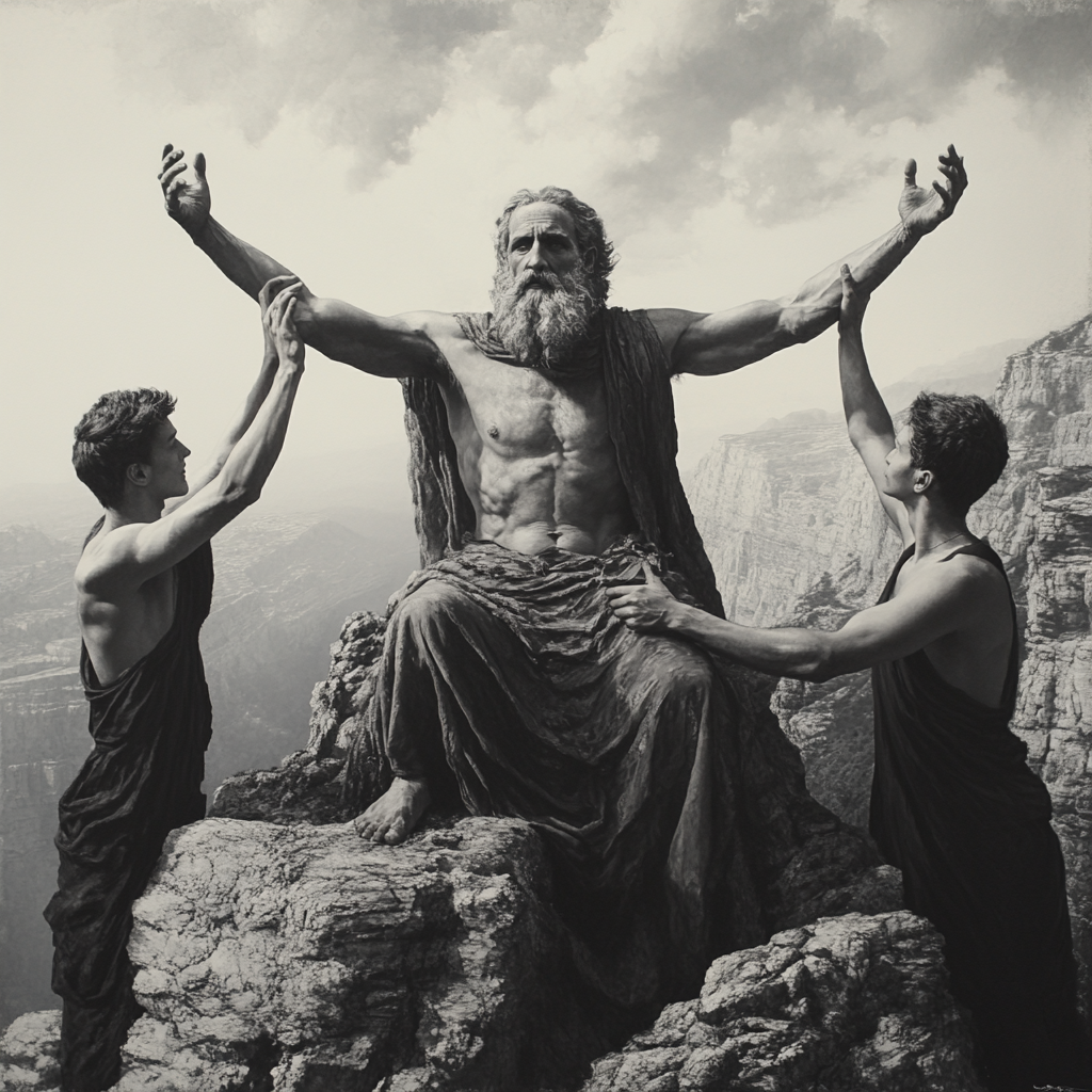 Two boys help Moses on cliff