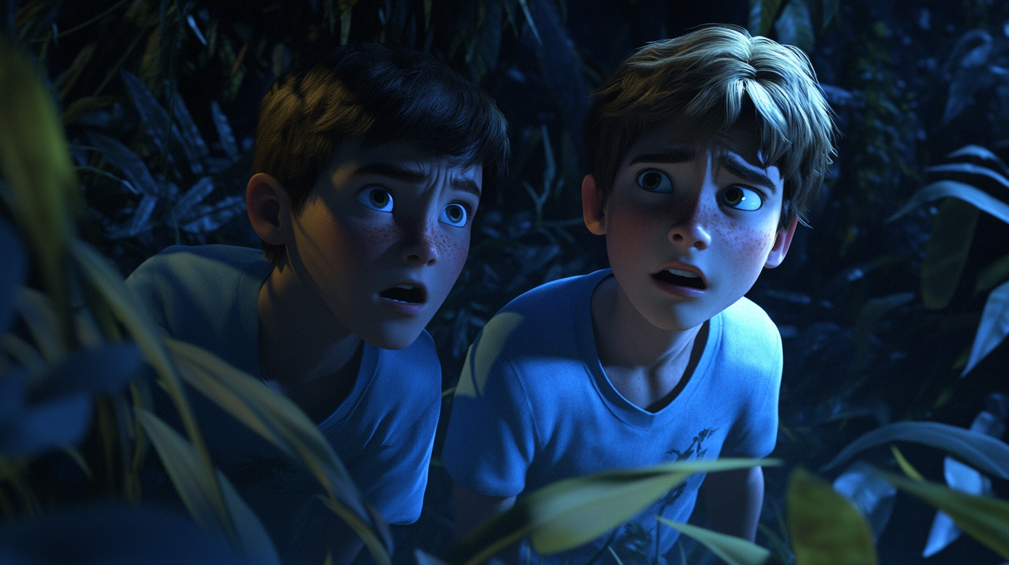 Two boys looking for Sally in dark jungle.