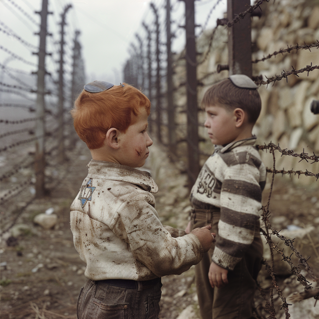 Two boys meet at fence resembling German ghetto.