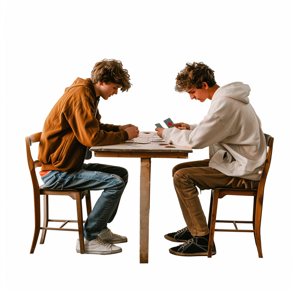 Two boys play cards at table, realistic style.