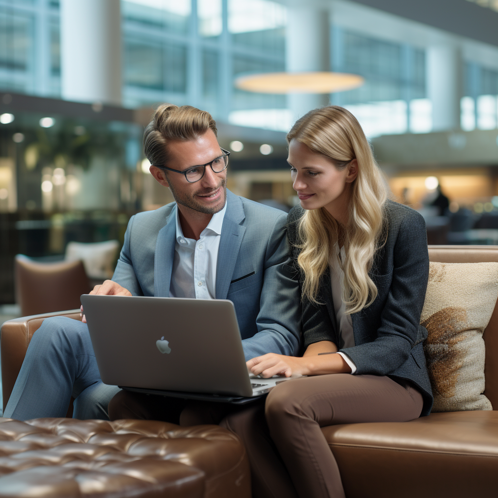 Two business professionals reacting to laptop tool